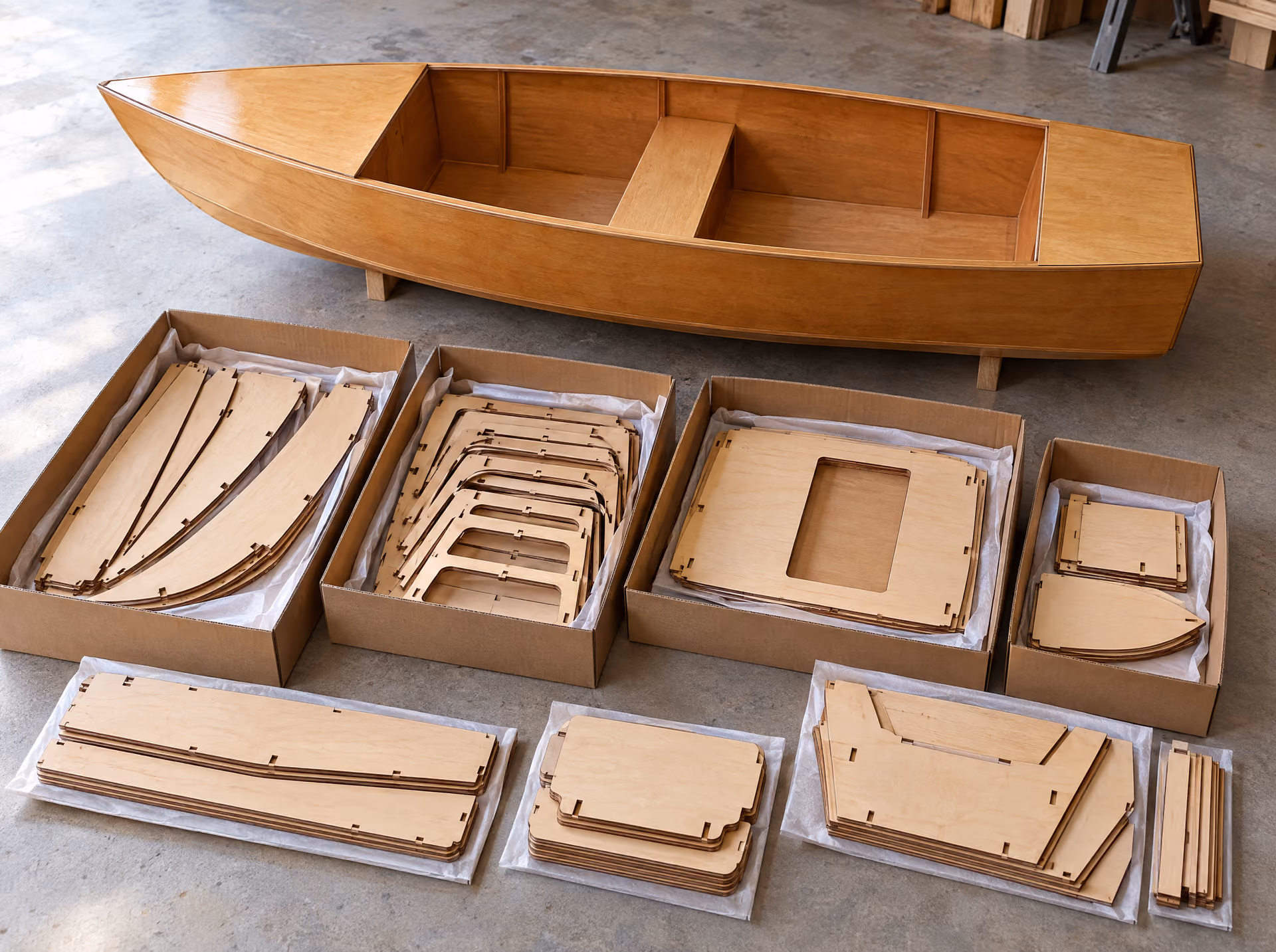 Het bouwpakket van de klassieke runabout: gesneden onderdelen in dozen per bouwfase