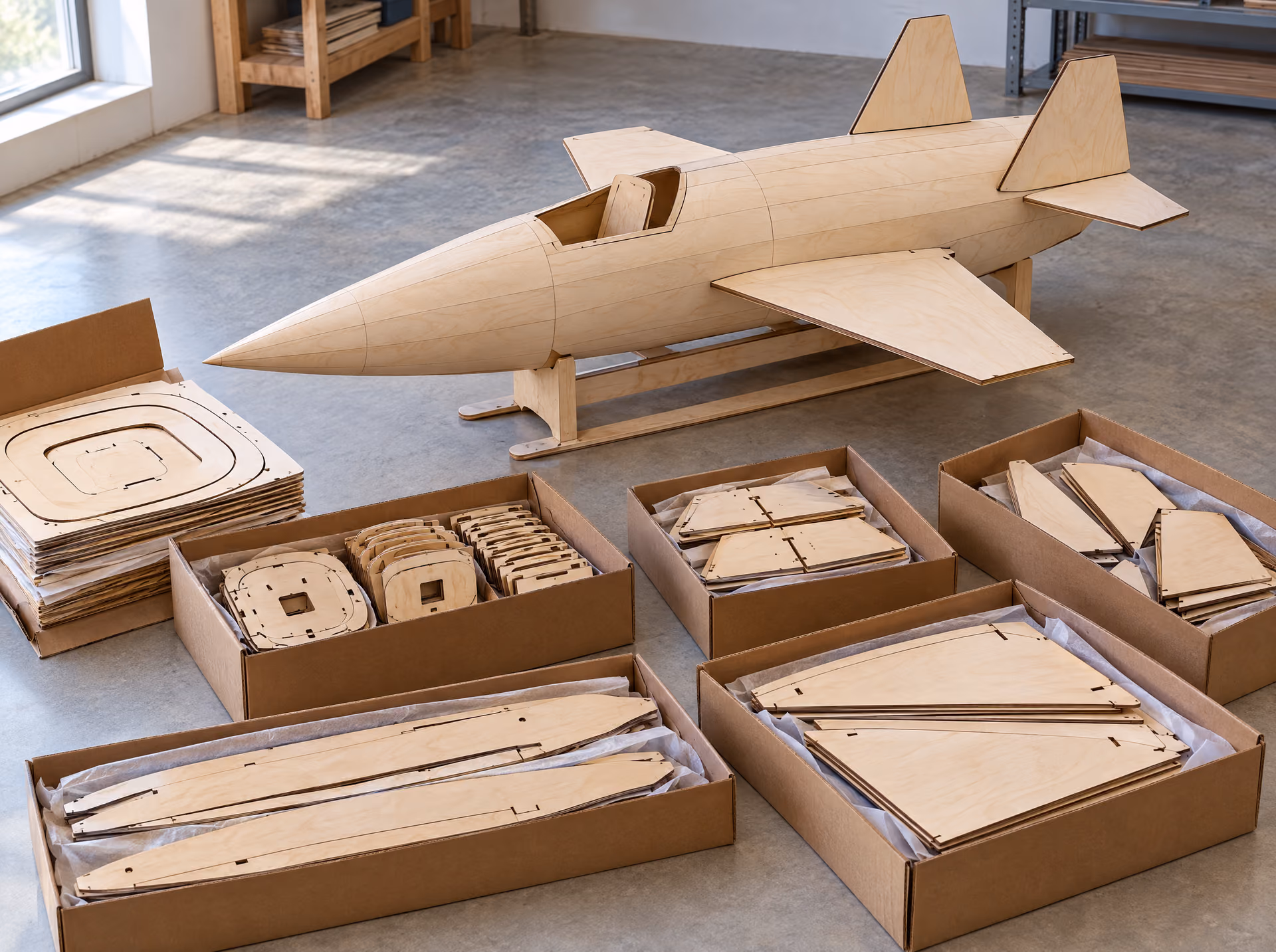 The kit of the Jet XL: cut parts in boxes per building phase