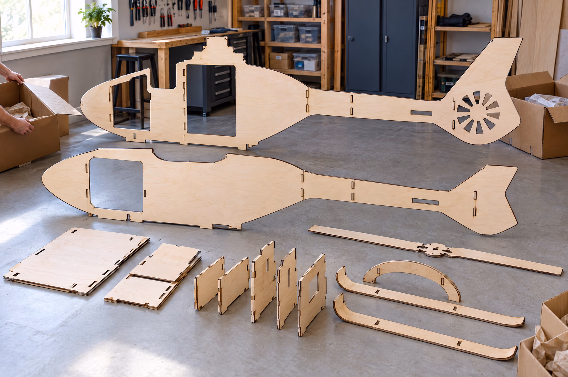 Unpacking: the parts of the Rescue helicopter XL laid out per group next to the boxes