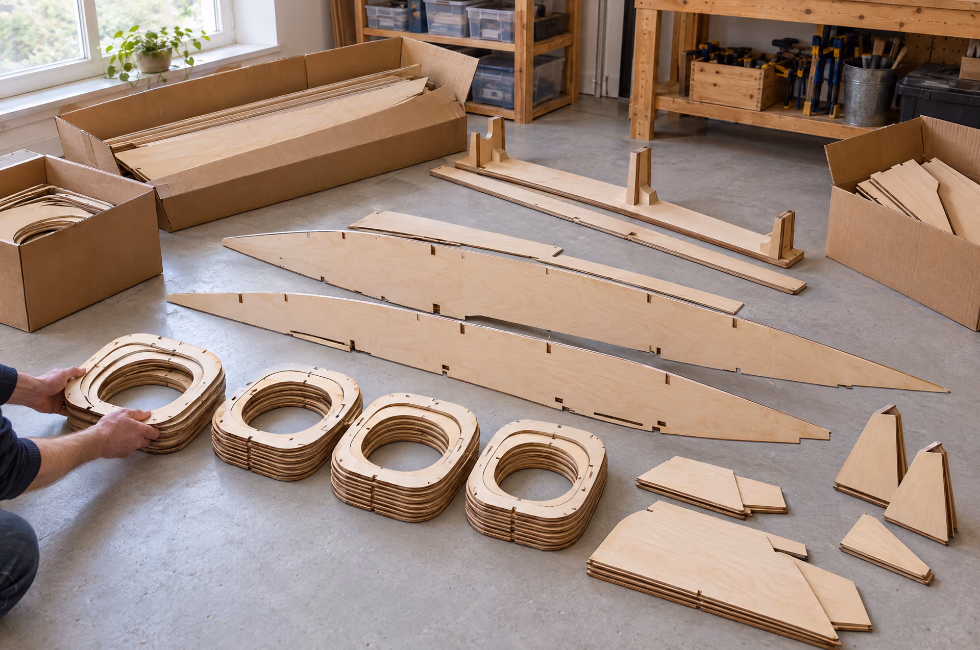 Unpacking: the parts of the Jet XL laid out per group next to the boxes